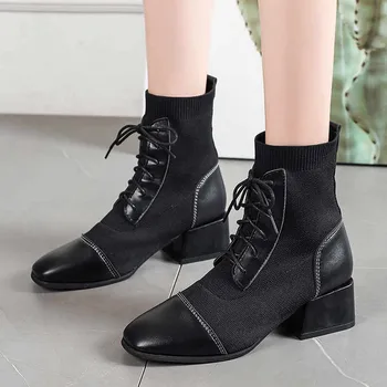 2020 г. нови кожени дамски ботуши дамски обувки от изкуствена кожа на дебелите обувки с токчета за дамски памучни топли зимни ботуши на висок ток Zapatos De Mujer