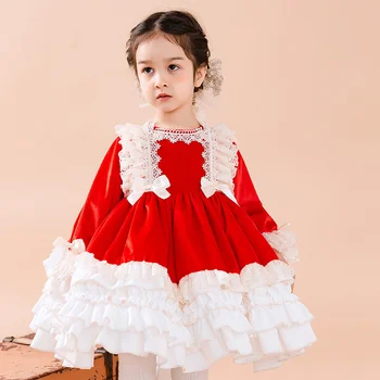 2022 Нова Пола с Червена Торта в стил Лолита За Момичета, Пищната Пола от Испанска Принцеса, Годишна Рокля