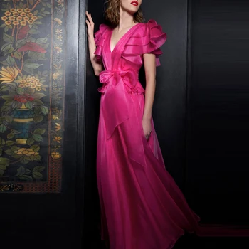 2022 ново женствена рокля тежка промишленост органза розово-червен, V-образно деколте темперамент дълга рокля банкет рокля