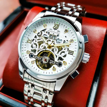 AOKULASIC Стоманени Часовници Мъжки Автоматичен Часовник Луксозни Бизнес Механични Ръчни Часовници С виртуален скелет на Мъжки Водоустойчив Relogios Masculino