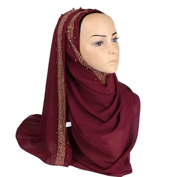 H1408 най-Новият мюсюлмански дълъг шал от шифон в голям размер, с кристали, ислямски шал-хиджаб, бърза доставка