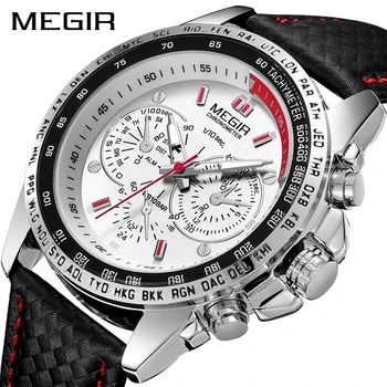 MEGIR/ модни мъжки кварцови часовници, маркови водоустойчиви кожени часовници за мъже, ежедневни черни часовници за мъже 1010