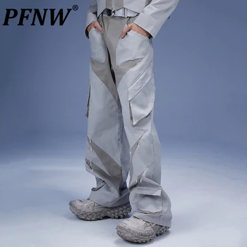 PFNW Пролет Есен Мъжки Контрастни Карго Панталони с Геометричен Модел Модни Улични Широки Функционални Дизайнерски Панталон За Почивка 28A0125