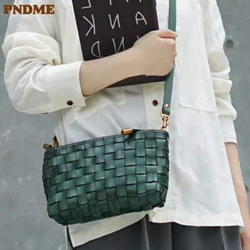 PNDME реколта модерно луксозно обзавеждане от естествено естествена кожа тканая малка квадратна помещение отвън ежедневни дамски чанта през рамо