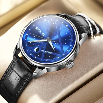 WOKAI високо качество на мода син на съзвездието мъжка кожена каишка кварцови часовници за мъже, бизнес, спортни часовници прости ретро