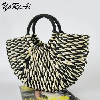 YoReAi Женствена Чанта От Ратан, Ракита Слама Тканая Полукръгла Чанта С Голям Капацитет Дамски Ежедневни Пътна Чанта Ръчна Изработка Лятна Мода