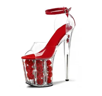 Дамски обувки на Много висок Ток, Прозрачна, Водоустойчива платформа с Кристали, Розова Секси Танцови обувки със Стоманена Тръба, Големи Сандали с Рибено Уста