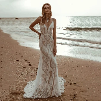 Елегантна секси дантелено сватбена рокля с отворен гръб, произведено по поръчка, с плажна сватбена рокля на русалка с дълбоко V-образно деколте