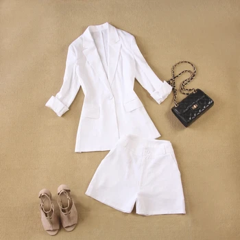 Комплект от 2 теми, женски пролетно-летния нов темпераментна бельо дишаща костюм за крайградски пътувания, бяло яке + широки шорти от две части