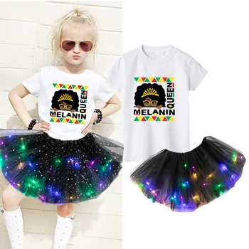 Комплекти дрехи За малките момичета, Празнична Ежедневното Рокля, Черна тениска с Къси ръкави и принтом в африканския стил за момичета + Светещ Пола + Костюм, на висок ток