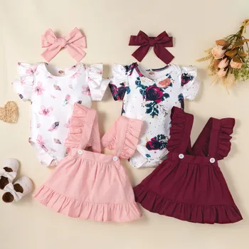 Комплекти дрехи за новородени момичета, Летен Гащеризон с Къс ръкав и цветен модел + Поли на подтяжках, Комплекти дрехи за малките момичета 0-18 м