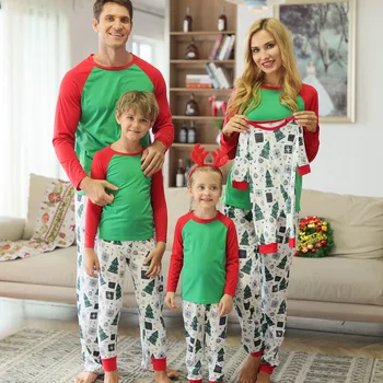 Комплекти за семейния дрехи с Коледните принтом, ръкав raglan, домашно облекло, с дълъг ръкав, есен облекло за родители и деца