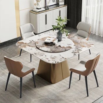 Маса за хранене и столове от каменни плочи в италиански стил, комбинация от малък домашен квадрат със завъртане на масата, мрамор кръгла маса