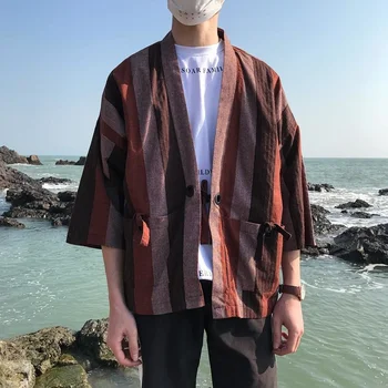 Мъжки Ежедневни Ризи В Японски Стил Традиционно Кимоно Китайски Пътен Халат Яке Оверсайз Двойка Плажна Риза