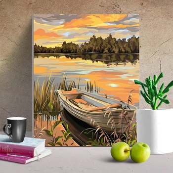 Направи си САМ Paint by Numbers Комплект за Рисуване с маслени Бои върху Платно за възрастни, Рисуване Четки, Акрилни Пигмент-Lakeside Boat