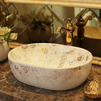Овална форма Цзиндэчжэнь завод директно керамика, ръчно рисувани ръчно мивка мивка за баня купата