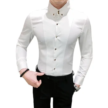 Однотонная Бизнес Риза, Черна/Бяла Приталенная Мъжка Риза За Бала, Модни Зашити Върховете
