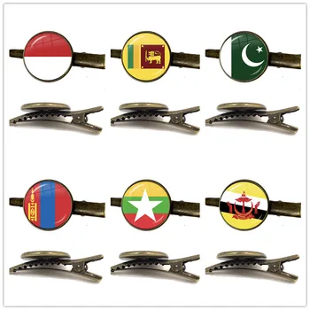 Пакистан, Бруней, Шри Ланка, Мианмар, Индонезия, Монголия Национален Флаг Античен Бронз 16 мм Стъклена Кабошон Скоба За Вратовръзка Бижута Подарък