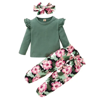 Пролетни Комплекти Дрехи за Малките Момичета 2023 г., Обикновена Блузи с Дълъг Ръкав + Панталони с цветен Модел, Подходящи за Децата, Памучен Детски Дрехи За Момичета