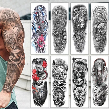 Пълна Ръка Временни Татуировки Ръкав За Мъже, Жени Реалистични Фалшиви Татуировки Войн Череп Тотем Цвете Татуировка Стикер Тотем На Маорите