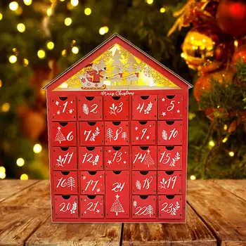 Снежна Село Коледа Червено Дървен Адвент Календар Къща с Led Подсветка 24 Кутия За Съхранение на Коледа Обратното Броене Органайзер за Бонбони N1HF