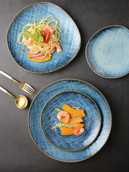 Японската креативна западна хранителна чиния спагети плоска чиния зеленчуци чиния ретро фурна набор от студени ястия чиния керамични съдове