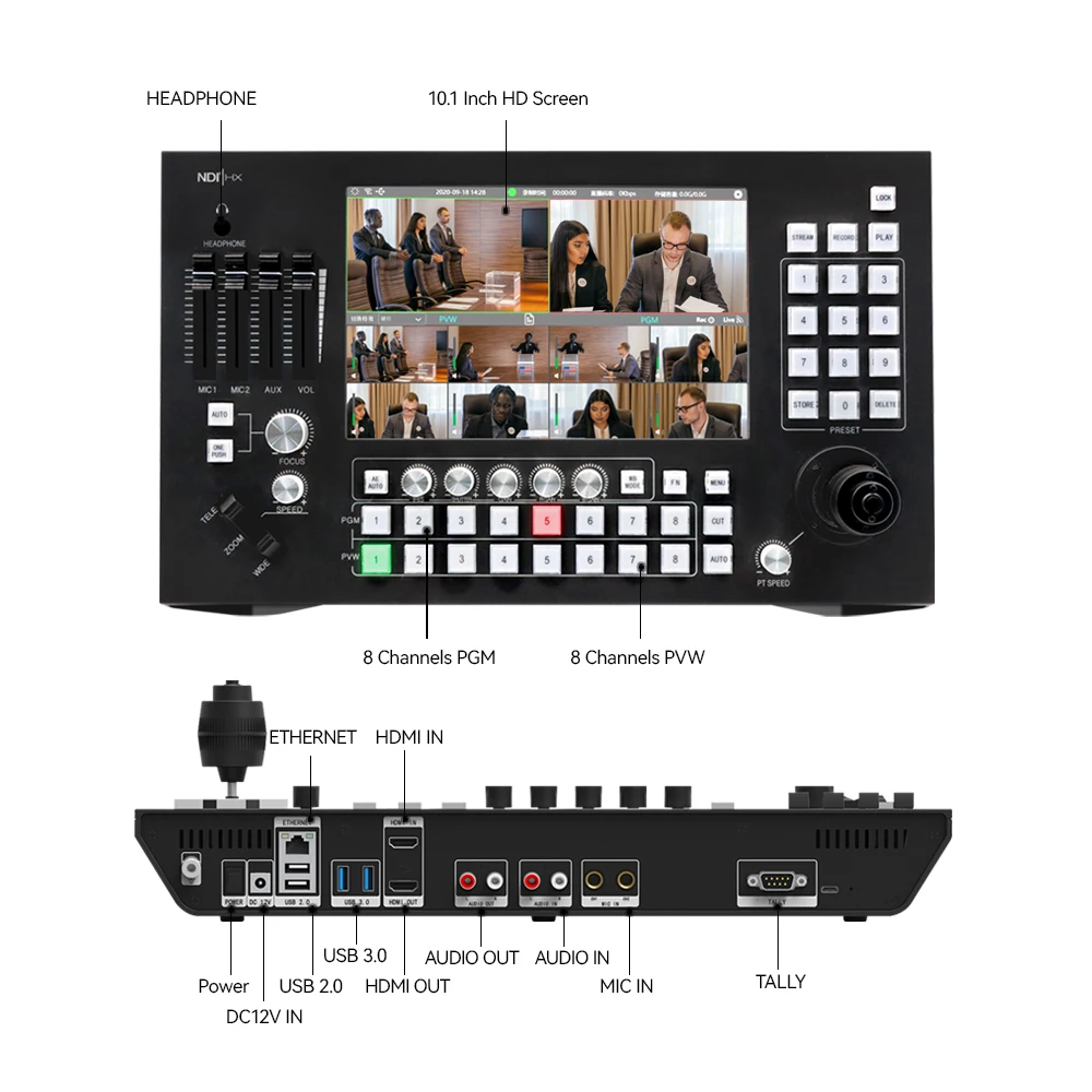 8 Канала PGM Video Switcher Смесител със сензорен екран, Управление на PTZ камера NDI Запис на Видео Стрийминг на живо