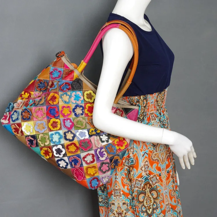 Национален Стил Сплит Кожена Дамска Чанта Пъстри Цветя Едно Рамо На Куриерски Чанти За Дами