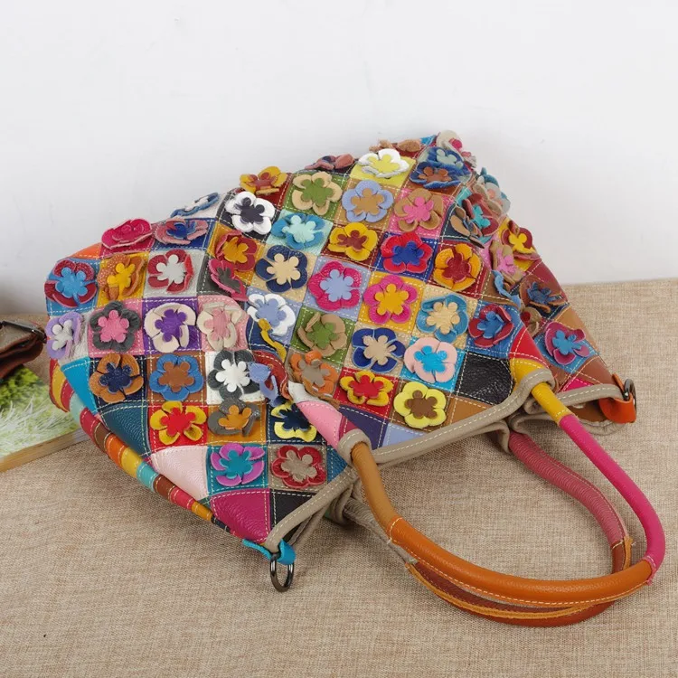 Национален Стил Сплит Кожена Дамска Чанта Пъстри Цветя Едно Рамо На Куриерски Чанти За Дами